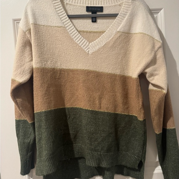 Halston Heritage V-Neck Sweater in Green, Brown, and Cream - Picture 1 of 4